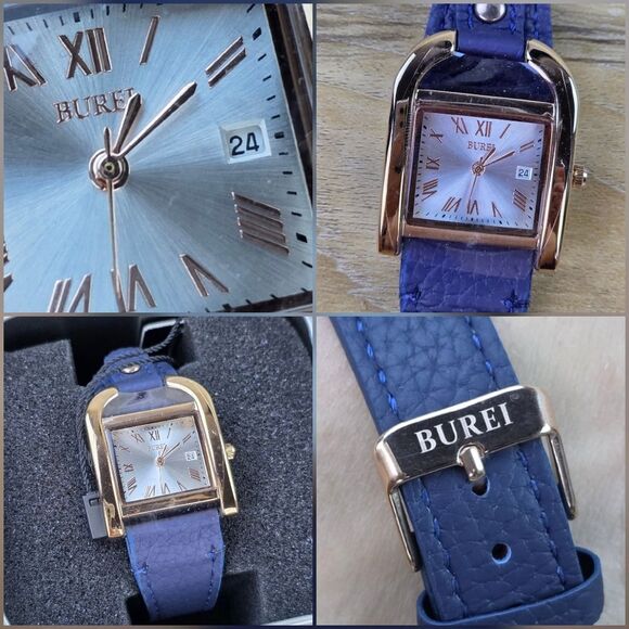 ?⏭️NIB Blue Leather Strap Horseshoe Shaped Square Case Quartz Watch main image 6